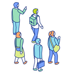 Isometric character illustration set. A group of figures walking backward in one direction.