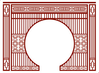 Traditional Chinese Moon Gate Frame Vector with Vertical Lattice Window Pattern, Oriental Round Arch Border Design for Asian Architecture, Feng Shui Doorway, and Cultural Interior Decoration