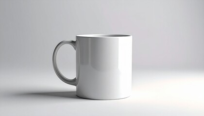 Obraz premium Plain white ceramic mug with a slightly tapered cylindrical shape and curved handle, placed on a smooth light gray surface with soft lighting and subtle shadow—emphasizing minimalist design, modern ki