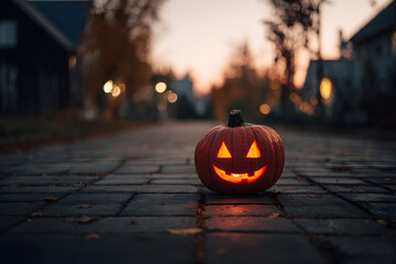 A glowing jack o lantern sitting on a brick road during the halloween season at dusk or dawn time