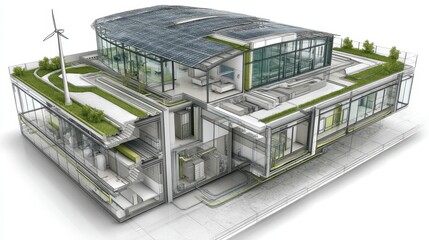 Green office building – Cutaway 3D sustainable office with solar panels, rooftop wind turbines, passive cooling, and efficient HVAC layers.