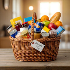 Donate canned goods and fruit in a woven basket for a heartwarming charitable food drive campaign