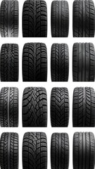 Various Car Tires on White Background.