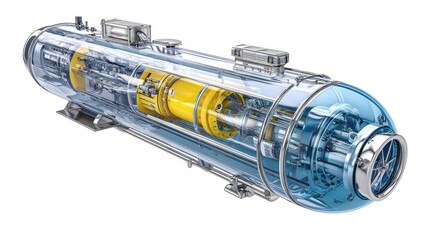 Hydrogen submersible – Cutaway 3D hydrogen-powered deep-sea submersible with fuel cells, buoyancy chambers, and reinforced pressure hull.
