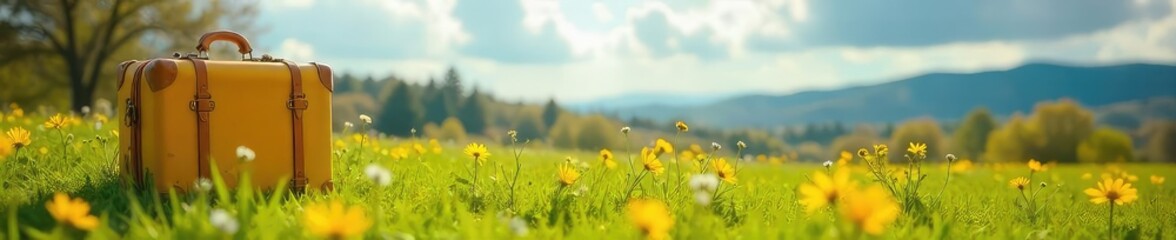 Obraz premium A lone suitcase sits on a sunny spring meadow, wildflowers blooming nearby, signifying the end of a long winter and the beginning of travel and warmth , optimism, spring