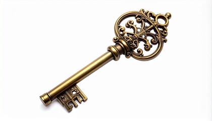 Antique-style brass key with long shaft and intricately decorated bow featuring symmetrical scrollwork and classic bit&mdash;symbolizing vintage craftsmanship, access, and mystery, ideal for historical or a