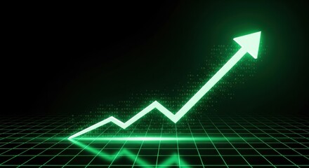 Green arrow pointing upward on financial graph. Business growth chart with rising trend line. Digital stock market data visualization for investment analysis.