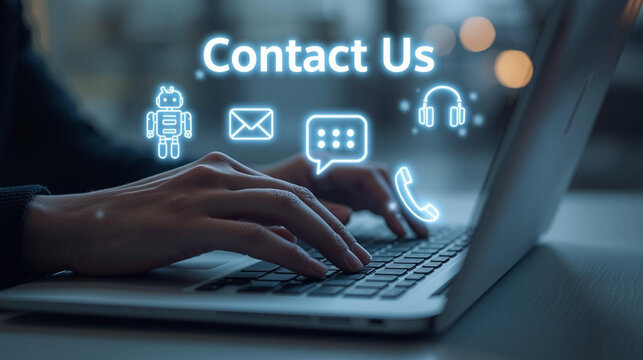 Hands typing on laptop with glowing contact us icons and digital communication symbols