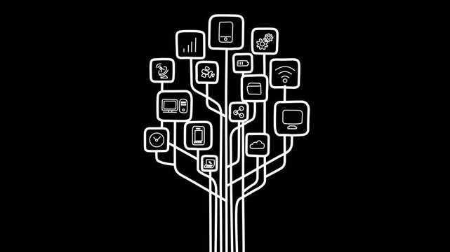 a neon design resembling a tree structure with interconnected branches, symbolizing growth, networking, and data organization.