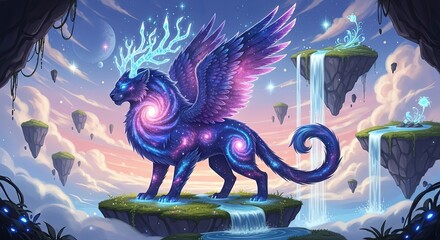 Majestic winged galaxy lion, a mystical guardian spirit soaring among floating islands in a dreamy landscape