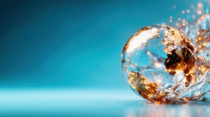 A beautifully crafted glass globe with gold accents is surrounded by shimmering sparkles, capturing the essence of our planet in a magical and enchanting way.