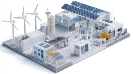 Remote smart grid – Cutaway 3D smart renewable grid for remote areas with semi-transparent wind turbines, solar panels, storage, and control center.