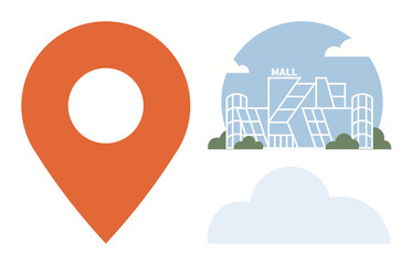 Fototapeta premium Orange location pin beside geometric mall building with trees and soft cloud. Ideal for navigation, retail, shopping, urban planning, travel, real estate, and digital maps. Clean and simple flat