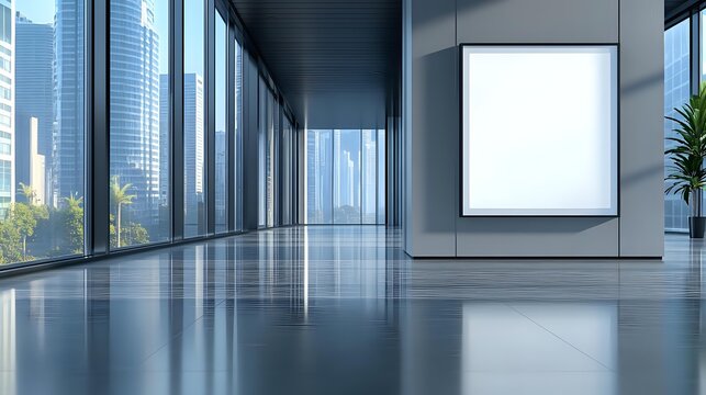 Modern empty office corridor with panoramic windows, blank white square poster mockup on gray wall, and reflective floor. City skyscrapers view outside. - Powered by Adobe