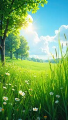 A refreshing breeze sweeps across a sun-drenched landscape, rustling leaves and gently swaying tall grass Feel the cool air on your skin, a perfect summer's day scene , pasture, sunlight