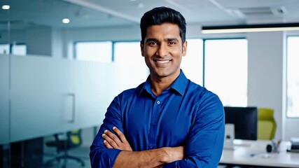 Confident young businessman smiling in bright modern office, ready for a successful presentation - Powered by Adobe