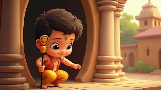 Ramanavmi, Lord Rama, Ram, Ayodhya, Cute kid Rama. Adorable cartoon depiction of young Hanuman holding a staff, standing near temple pillars, symbolizing Indian mythology and cultural heritage