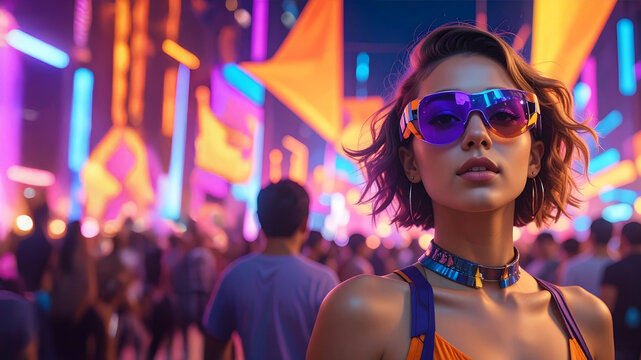A stylish woman in vibrant cyberpunk sunglasses stands out at a neon-lit outdoor festival or concert, capturing a cool, modern, and energetic youth culture vibe. - Powered by Adobe