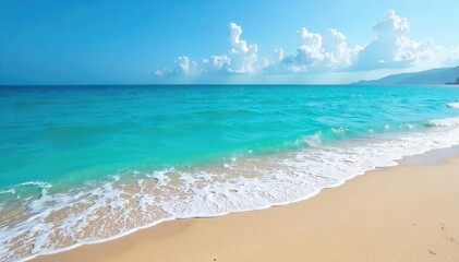 Fototapeta premium Vast expanse of deep blue ocean meeting a tranquil shoreline, waves gently lapping the sand Perfect for travel, nature, or environmental themes , nature, turquoise, coastal