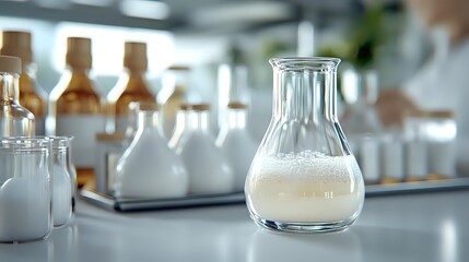 Glass laboratory flask containing white liquid substance on modern lab counter with blurred background of additional glassware and amber bottles for scientific research.
