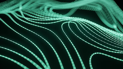 Abstract digital art depiction of flowing neon green light trails resembling digital network connections across a dark background.