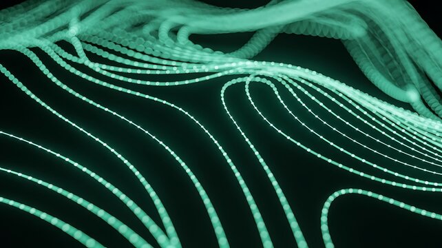 Abstract digital art depiction of flowing neon green light trails resembling digital network connections across a dark background.