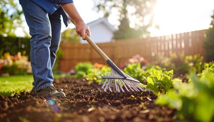 Person raking garden soil