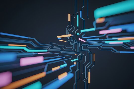 Abstract digital art visualization of a complex network of interconnected circuit board lines and colored data flows. - Powered by Adobe