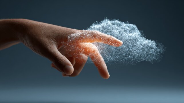 Human hand interacting with a cloud computing network, symbolizing data storage, access, and processing in a futuristic cyberspace environment