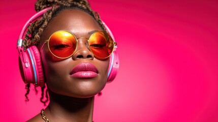 A confident young woman poses with pink headphones and sunglasses against a vibrant pink backdrop, radiating a trendy and upbeat vibe for music lovers.