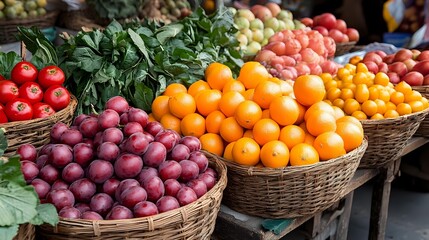Fresh organic produce in wicker baskets at farmers market including colorful oranges, red potatoes, and tomatoes arranged in rustic display for healthy food shopping.