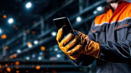 A skilled worker in safety gloves holding a smartphone in a workshop setting, representing the integration of technology in modern industrial environments.