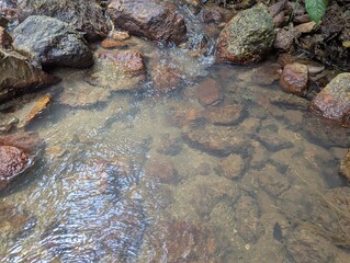 Water cascading on rocks into a stream like a mini waterfall