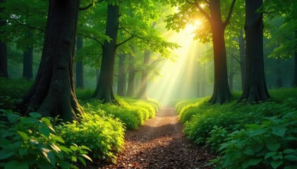 Obraz premium Sun-dappled forest path meanders through lush greenery, sunlight filtering through leaves, creating a magical atmosphere Perfect for nature, travel, and fantasy themes , nature, environment, journey