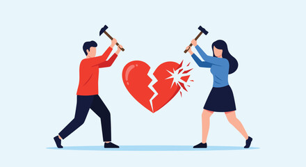 Couple smashes a broken heart with hammers depicting relationship conflict.