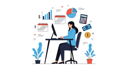 Fototapeta premium Illustration of a business professional working at her desk with financial graphics surrounding her.