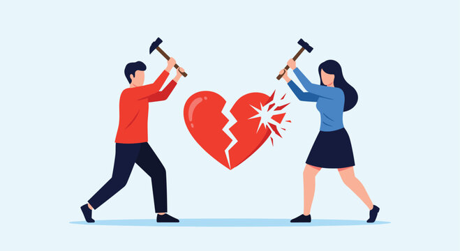 Couple smashes a broken heart with hammers depicting relationship conflict.