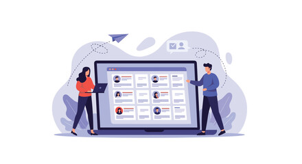 People interacting with a digital interface displaying profiles and data points.