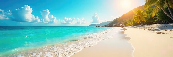 Obraz premium Sun-drenched beach scene, turquoise water laps gently at the shore, vibrant summer vibes Perfect for travel, vacation, and summer holiday themes , happy, sun, beach