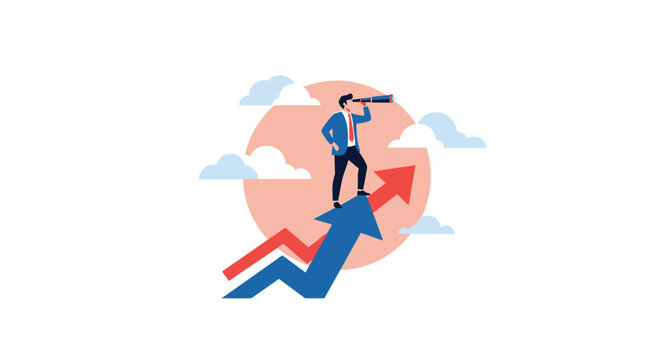 A businessman with a telescope stands on an upward trend arrow watching the future.