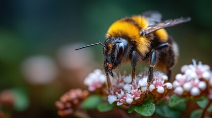 An intricate close-up of a bee diligently pollinating a colorful flower, reflecting the crucial role of bees in maintaining ecosystems and their tireless dedication to nature.