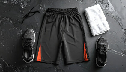 Workout essentials - sneakers, shorts, and towel on dark background.