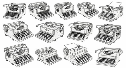 A comprehensive collection of hand drawn vintage typewriter illustrations, showcasing various retro mechanical writing machines in a detailed sketch style