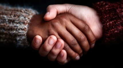 Fototapeta premium An intimate image showing two hands of different skin tones clasped together, symbolizing unity, diversity, support, and connection amidst a warm, soft background.