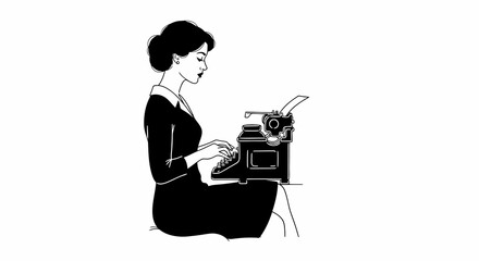 Hand drawn vintage typewriter graphic of a woman typing, classic illustration style