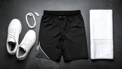 Workout essentials - sneakers, shorts, towel, and headphones on a dark surface.