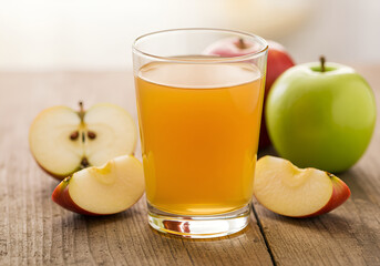 Glass of fresh apple juice with sliced apples on wooden table as refreshing drink