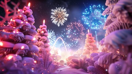 Festive Snowy Forest with Fireworks Display in Night Sky Bright Colors
