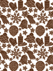 Seamless pattern featuring gingerbread cookies, festive decorations, and winter-themed elements for seasonal designs