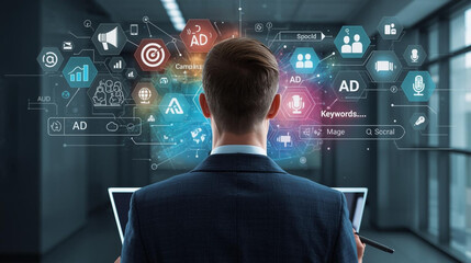 Man in suit looking at digital marketing icons and data visualization